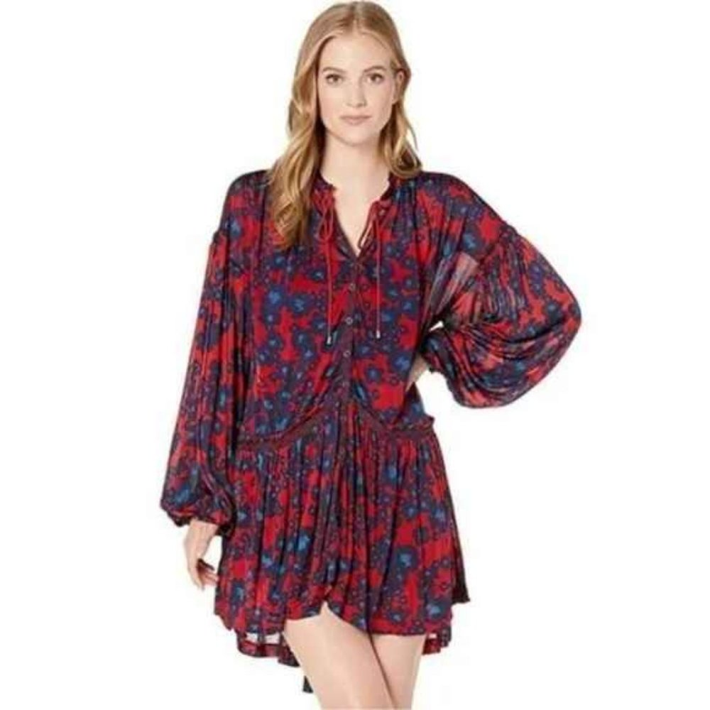 FREE PEOPLE love letter red blue floral button front dress/tunic top Size L